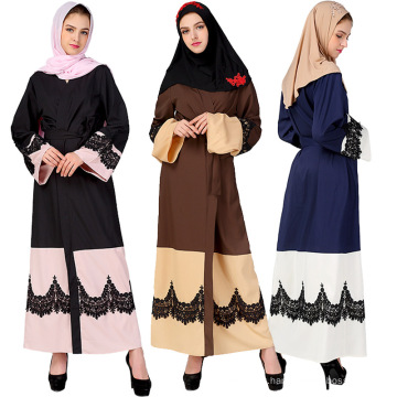 2018 Mais recente abaya projetos frente abaya poliéster tecido com rendas splicing mulheres abaya dress